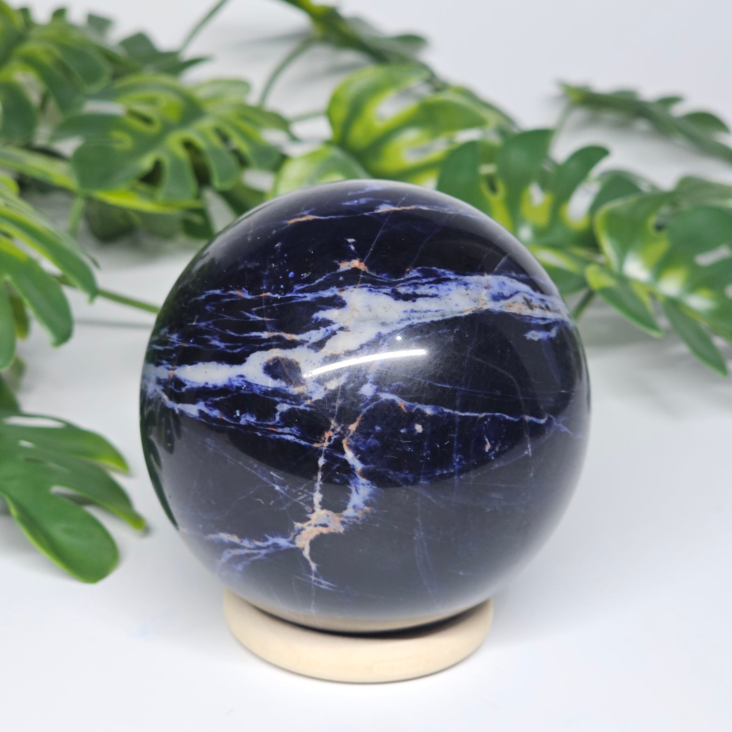 Front view of Sodalite sphere B on display stand, highlighting its dark navy colouring and soft grey veining.