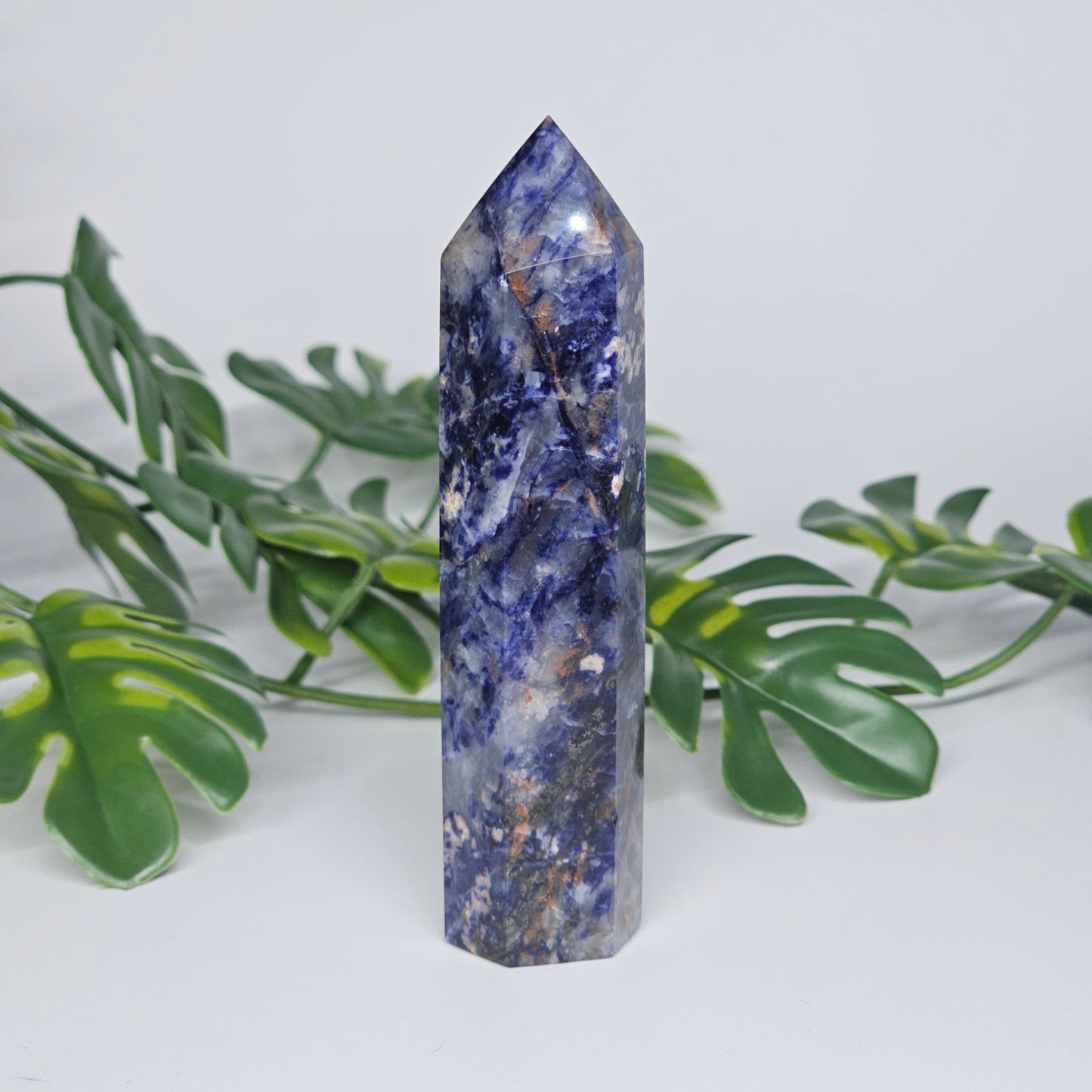 Sodalite tower showing deep blue colour with natural white veining.