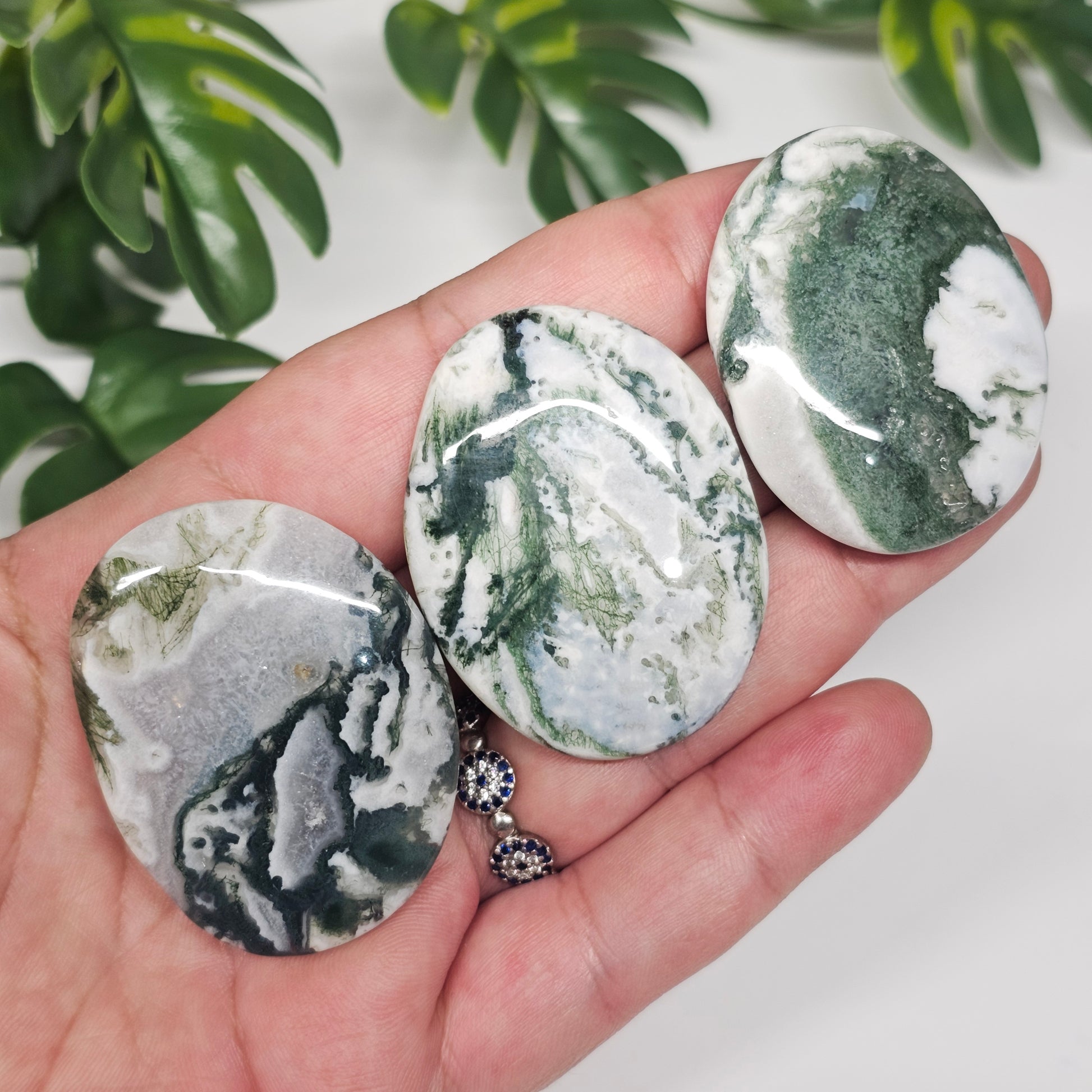 All three Tree Agate palm stones displayed side by side on the palm, providing a clear comparison of their front-facing patterns, shapes, and colours.