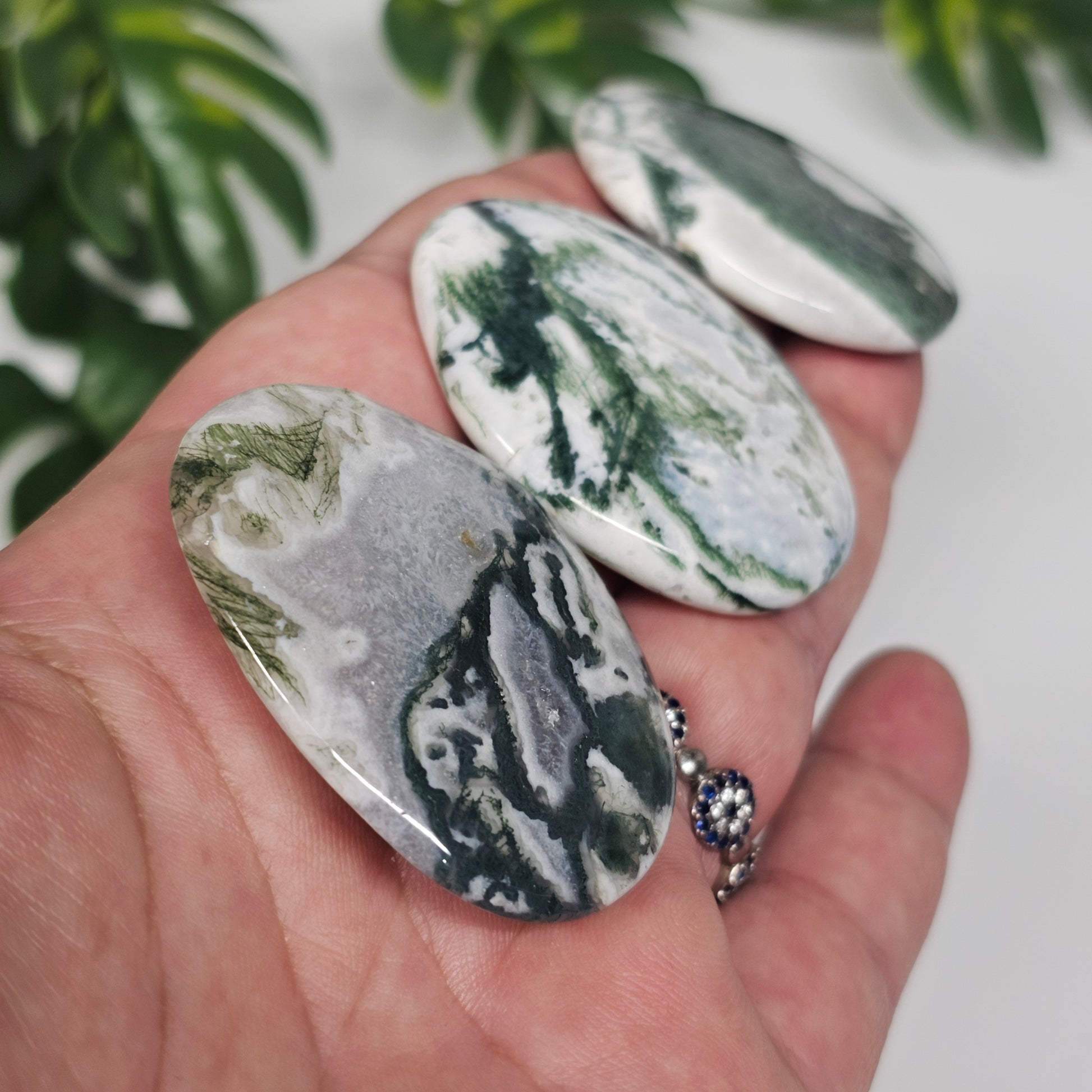Three Tree Agate palm stones displayed side by side on the palm from a side angle, showcasing their thickness, polished edges, and overall shape.