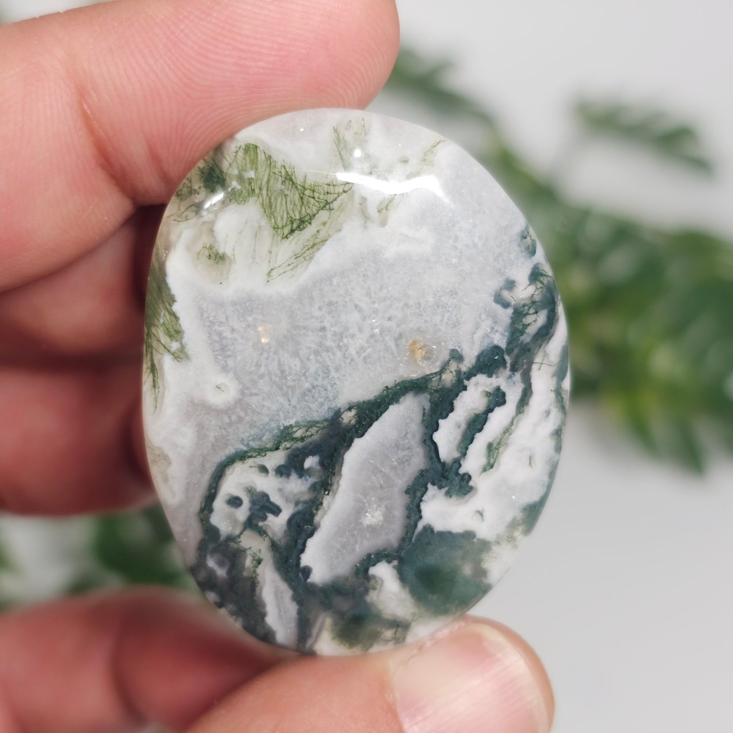 Tree Agate Palm Stone A held in hand, displaying its polished surface, distinctive green inclusions, and natural patterning.