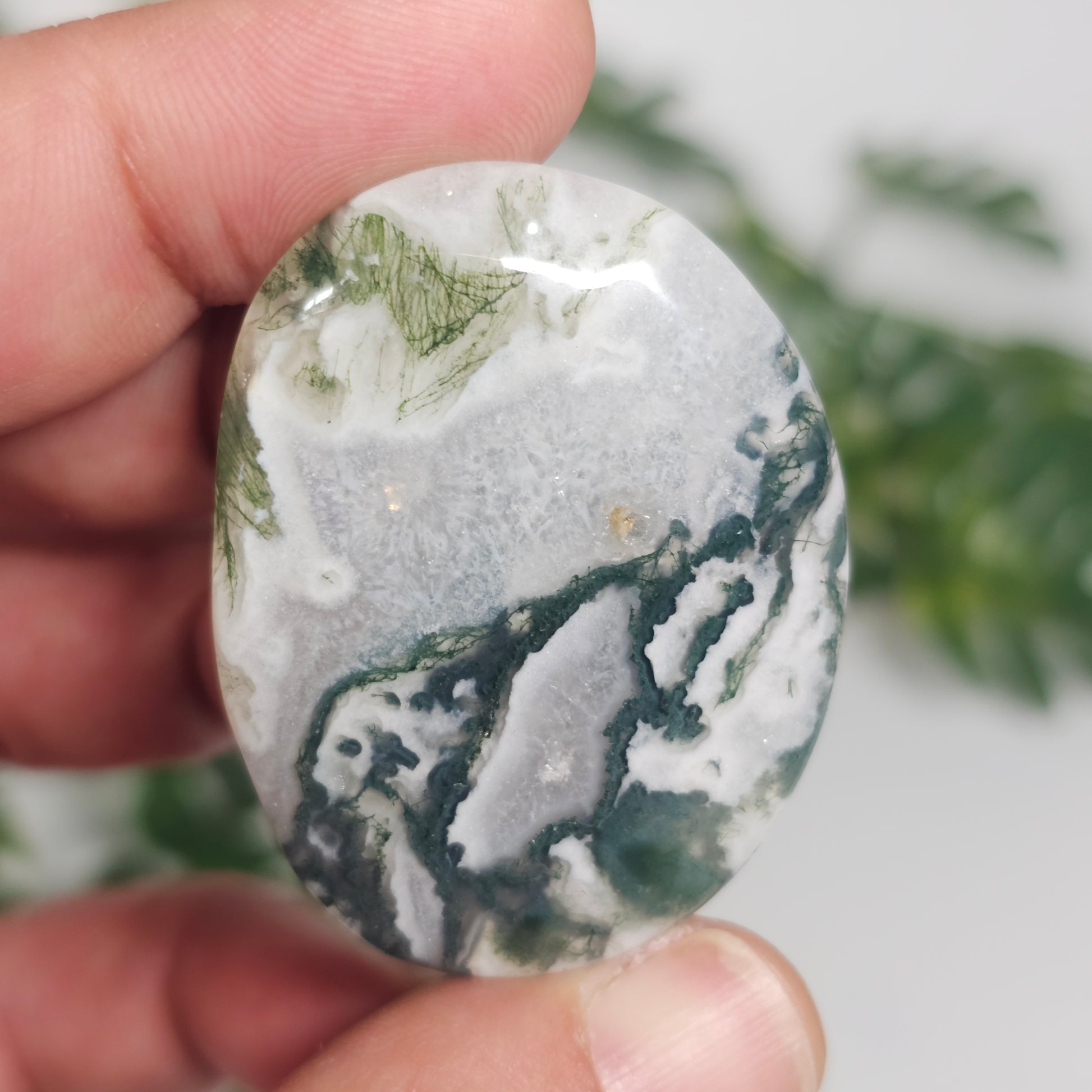 Tree Agate Palm Stone A held in hand, displaying its polished surface, distinctive green inclusions, and natural patterning.