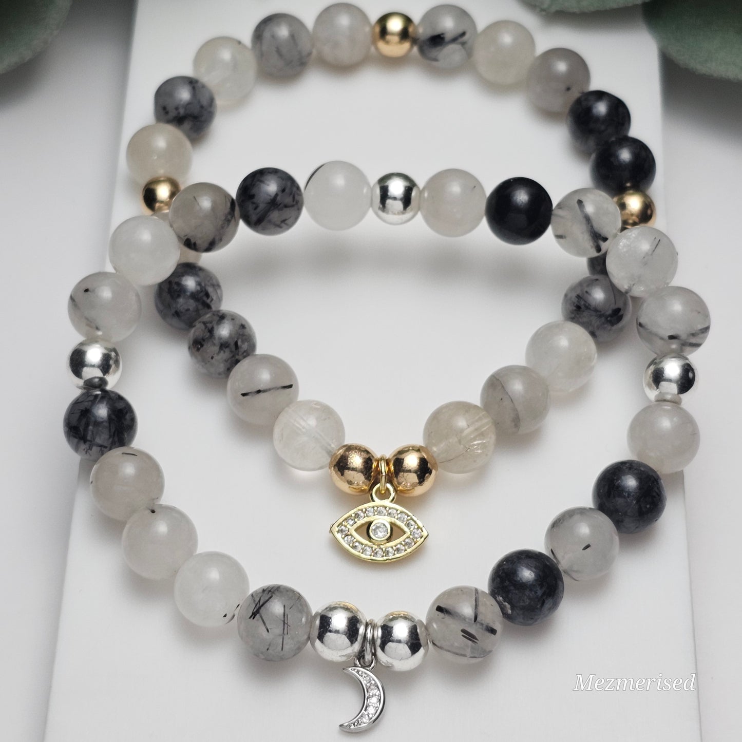 8mm Black Rutile Quartz charm bracelets with gold and silver options, natural gemstone beads with black inclusions, personalised jewellery gift
