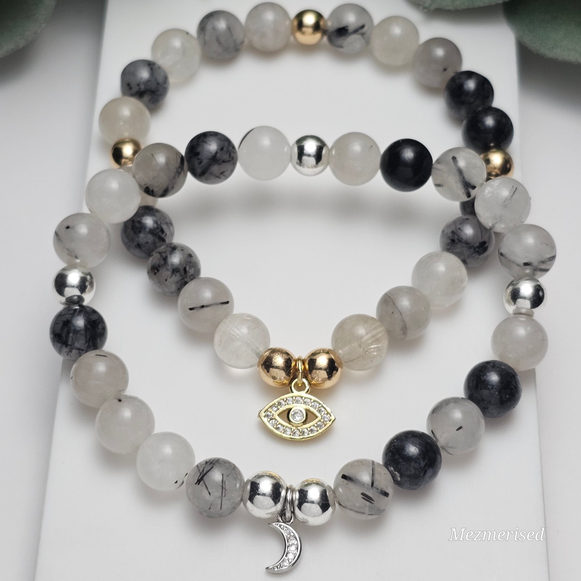 8mm Black Rutile Quartz charm bracelets with gold and silver options, natural gemstone beads with black inclusions, personalised jewellery gift