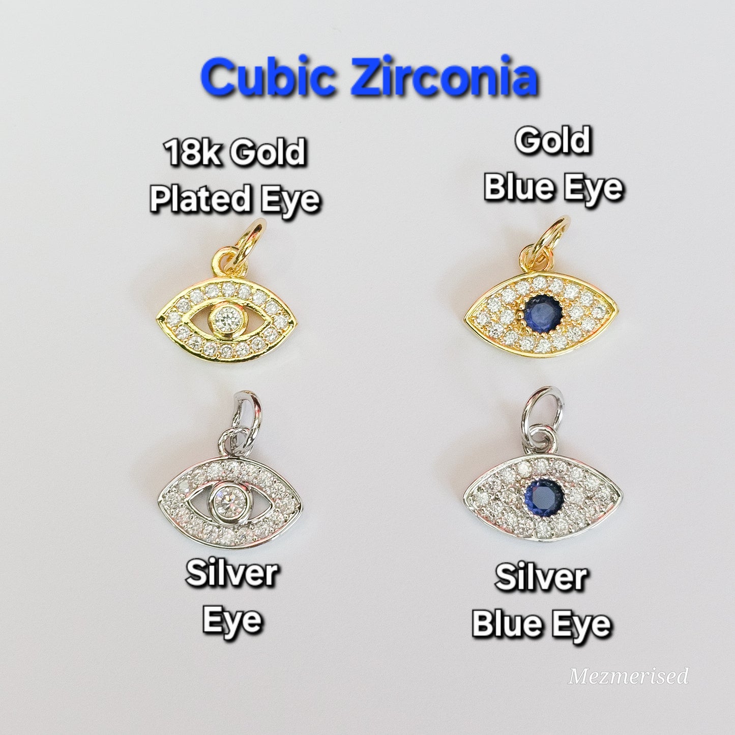 Charm bracelet options with cubic zirconia evil eye charms in gold and silver, including blue eye designs for protection jewellery