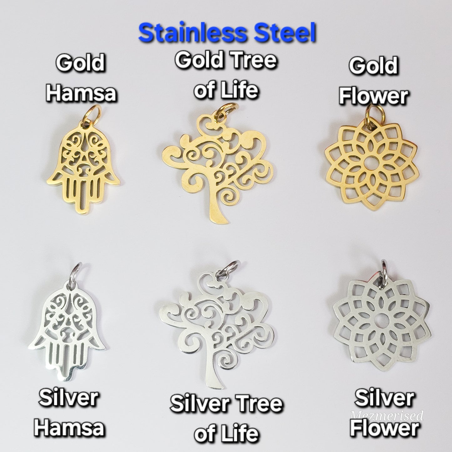 Stainless steel charm bracelet options with hamsa hand, tree of life and flower charms in gold and silver, spiritual jewellery