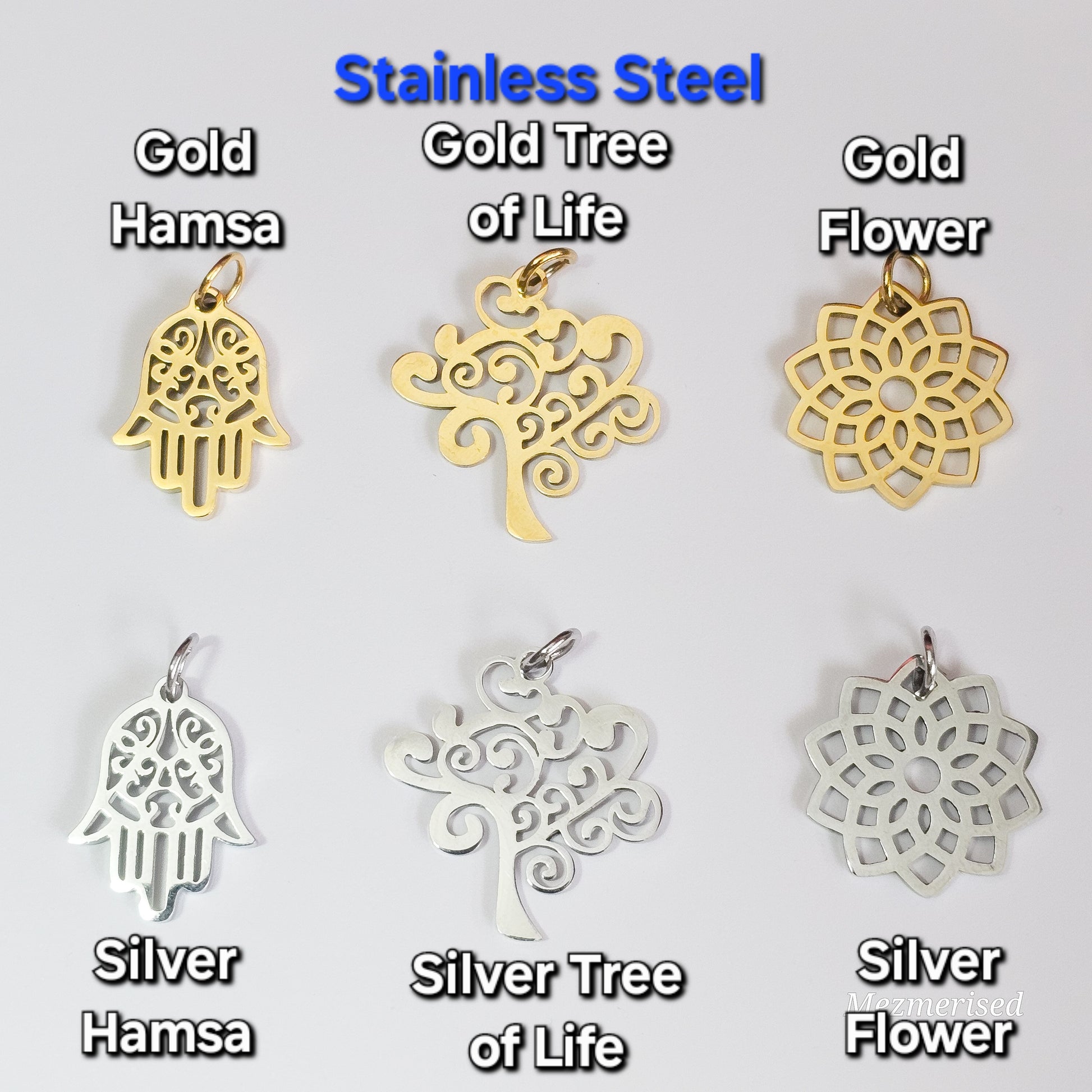 Stainless steel charm bracelet options with hamsa hand, tree of life and flower charms in gold and silver, spiritual jewellery