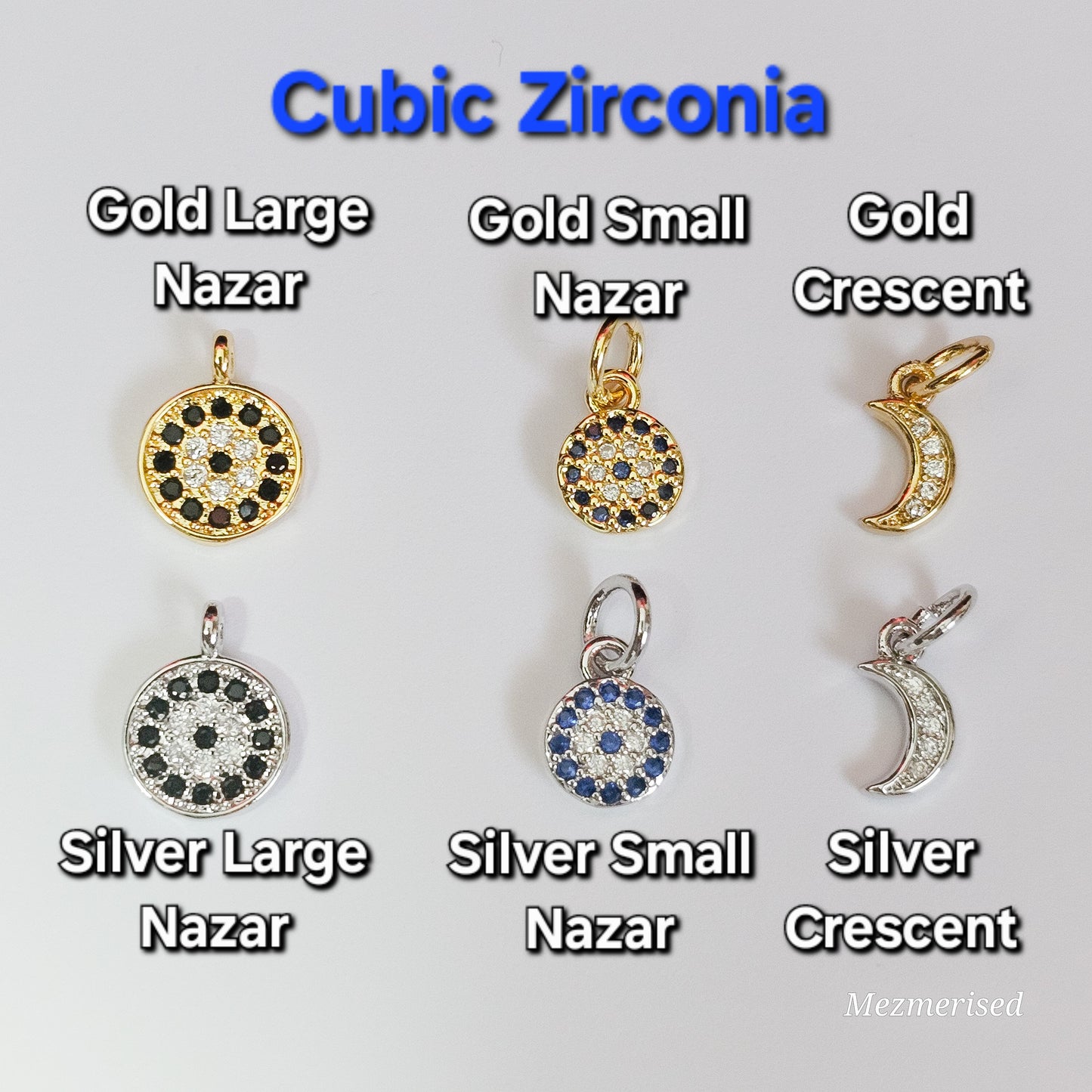 Bracelet charm options featuring nazar evil eye charms and crescent moon in gold and silver, symbolic protection jewellery