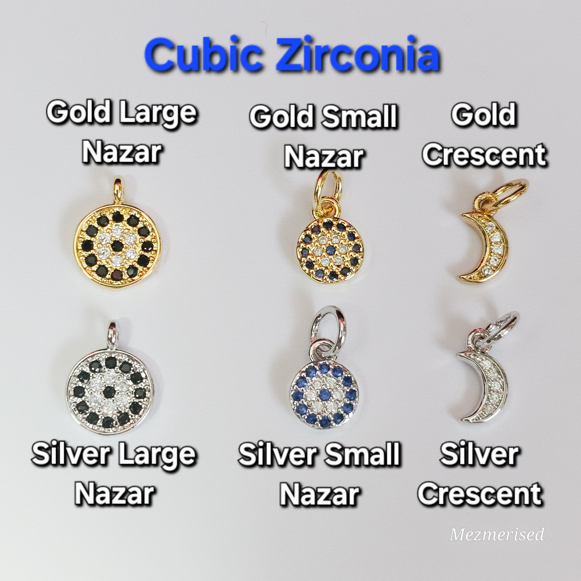 Bracelet charm options featuring nazar evil eye charms and crescent moon in gold and silver, symbolic protection jewellery