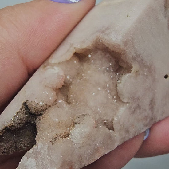 Pink Amethyst Mountain - 360 Showcase Video: A rotation video displaying the soft mauve hues, localized druzy points, and the natural raw form on the back.
