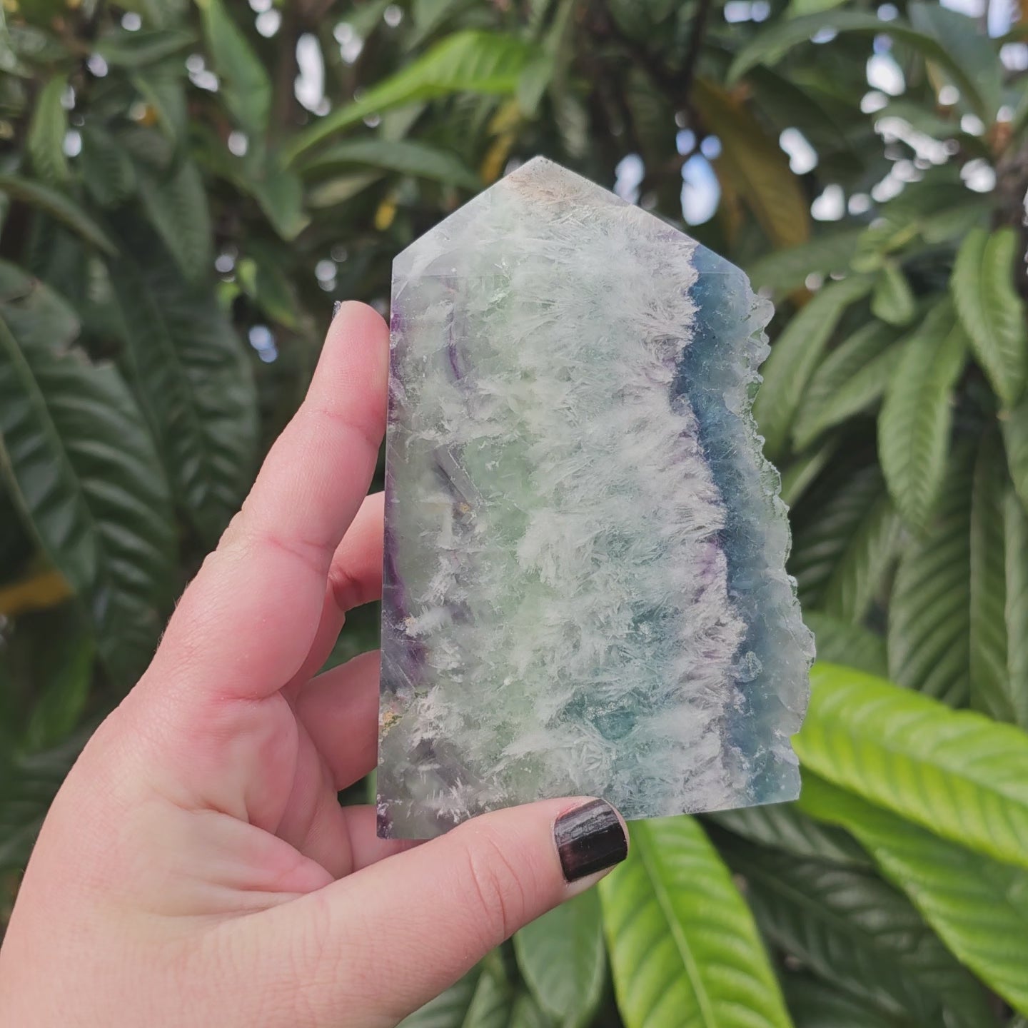 Polished Fluorite slab tower with raw edge.  Approx. 12.1 x 7.8 x 2.4  Approx. 535g | Birthday Gifts, Anniversary Gifts, Valentine's Day, Christmas, Easter, Eid, Mother's Day, Diwali, Hannukah, Women's, Girl's, Gifts for her, Gifts for Girlfriend, Gifts for Mom, Gifts for Mum, Gifts for Friend, Handmade Gifts, Handmade Jewelry, New Year's Eve, Graduation, Boho, Hippie, Minimalist, Gemstone, Crystal, Crystal Healing