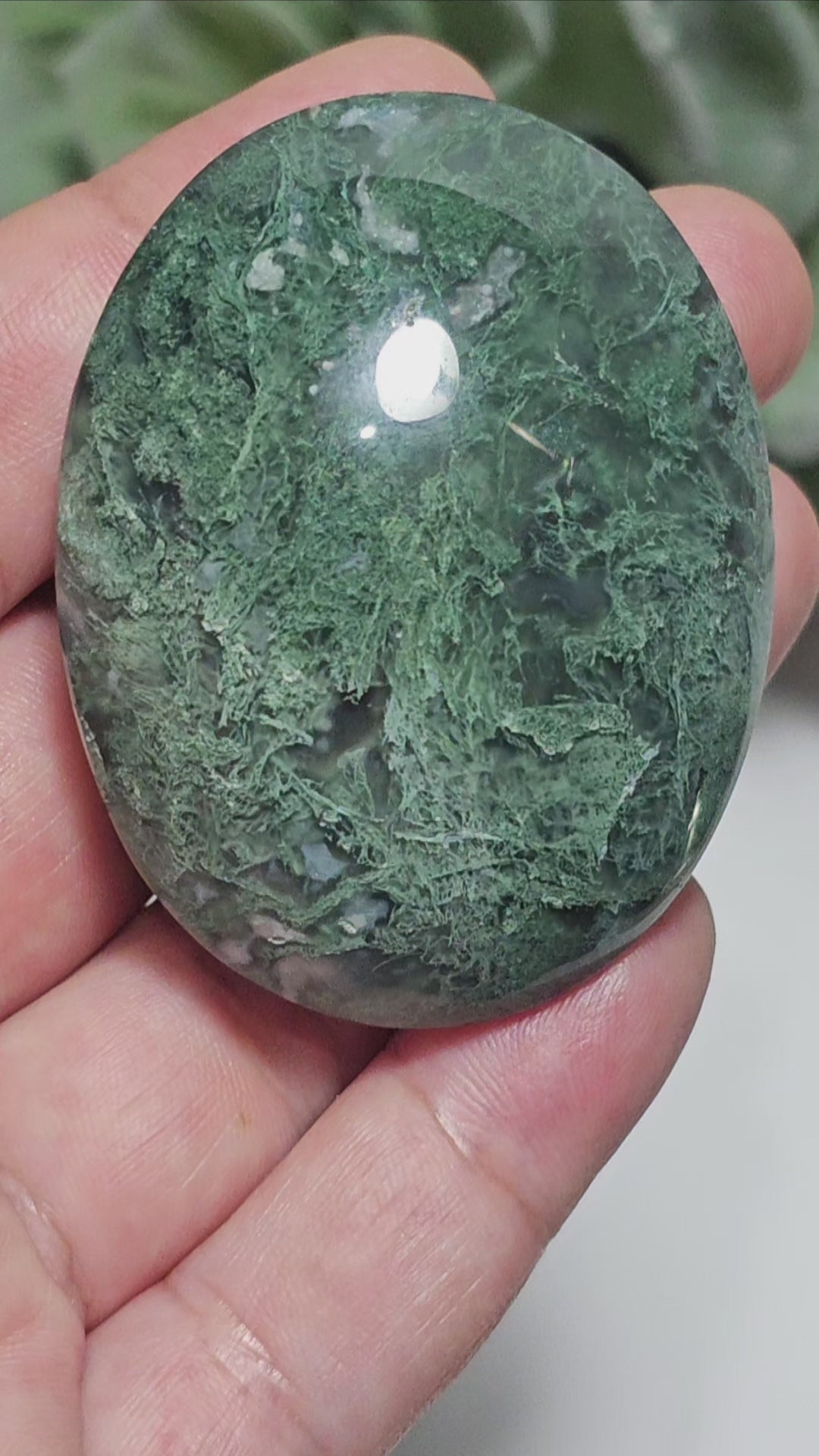 Stunning medium green Moss Agate palm stone from Indonesia