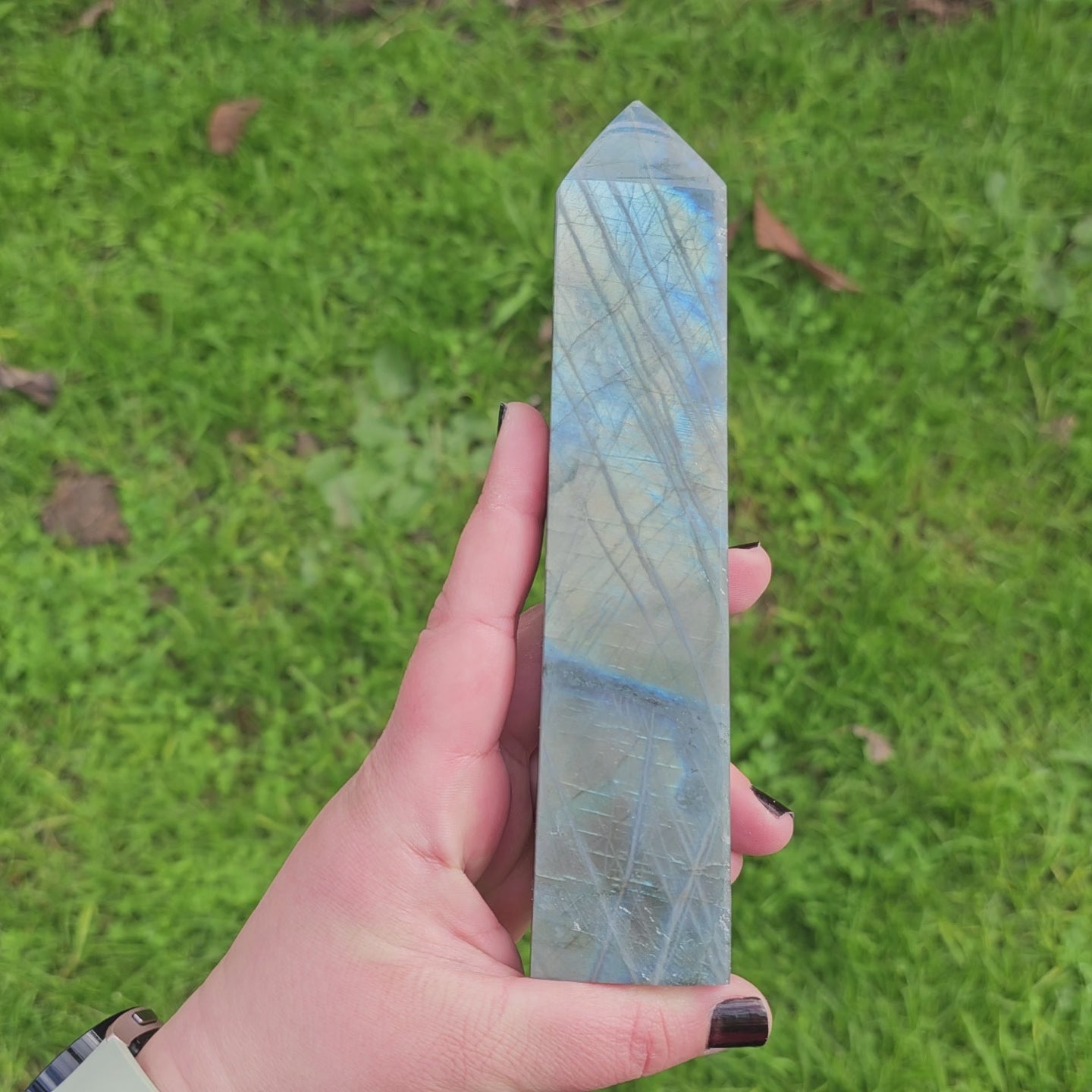 High silver blue flash Labradorite tower 1 Approx. 18.7 x 4 x 2.5  Approx. 432g | Birthday Gifts, Anniversary Gifts, Valentine's Day, Christmas, Easter, Eid, Mother's Day, Diwali, Hannukah, Women's, Girl's, Gifts for her, Gifts for Girlfriend, Gifts for Mom, Gifts for Mum, Gifts for Friend, Handmade Gifts, Handmade Jewelry, New Year's Eve, Graduation, Boho, Hippie, Minimalist, Gemstone, Crystal, Crystal Healing