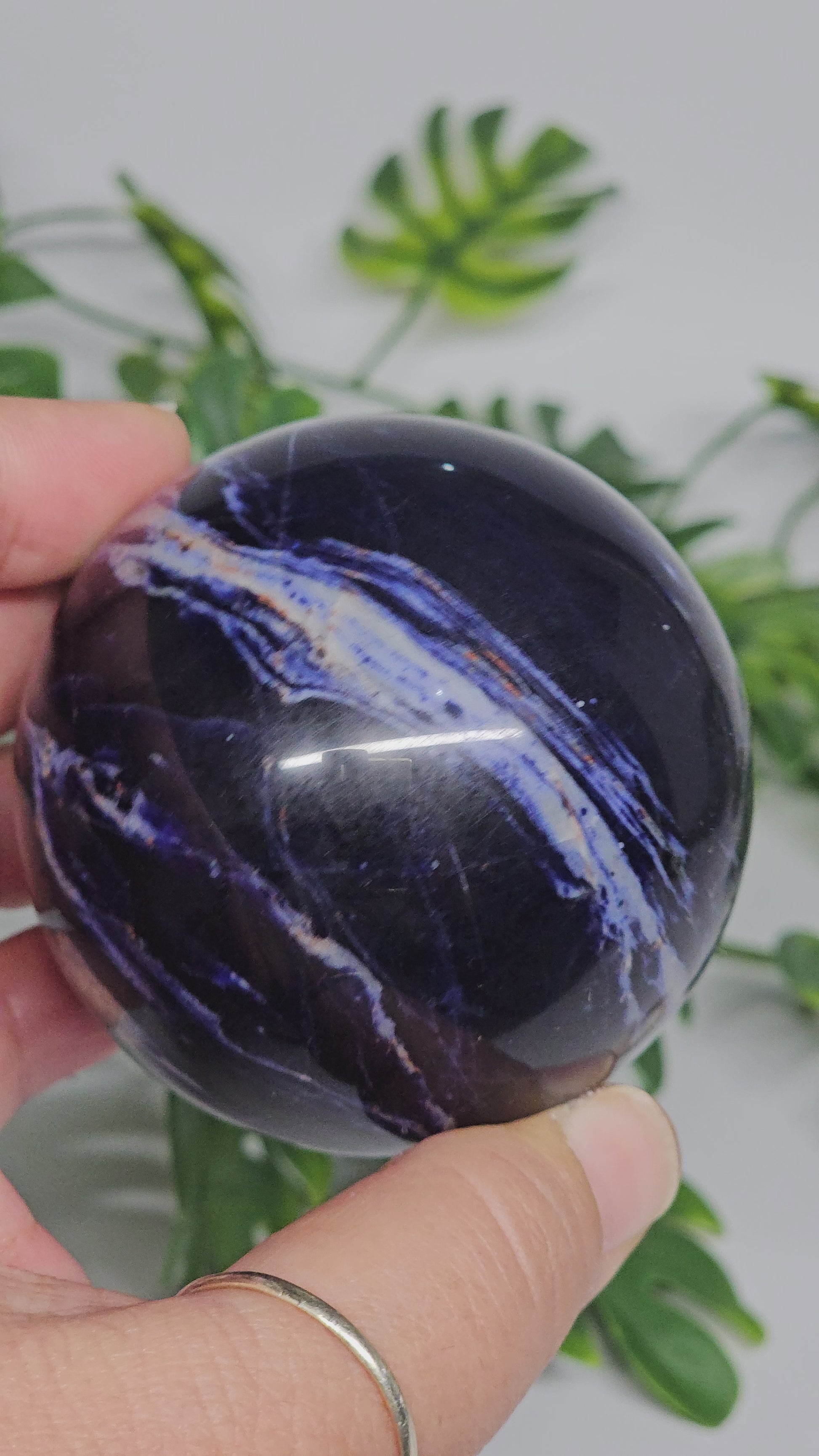 Close-up view of Sodalite sphere B in hand, showing its rich navy blue tones, soft grey marbling, and smooth polished finish.