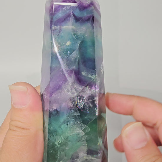 Large Fluorite tower with stunning rainbows, druzy cave and amazing chevron patterning.