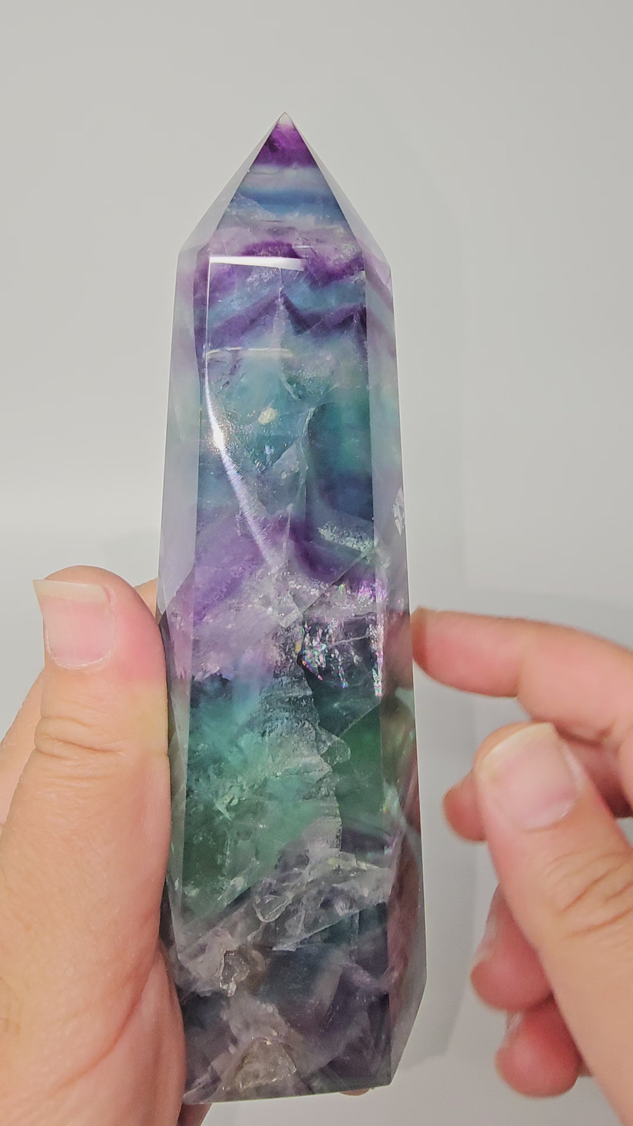 Large Fluorite tower with stunning rainbows, druzy cave and amazing chevron patterning.