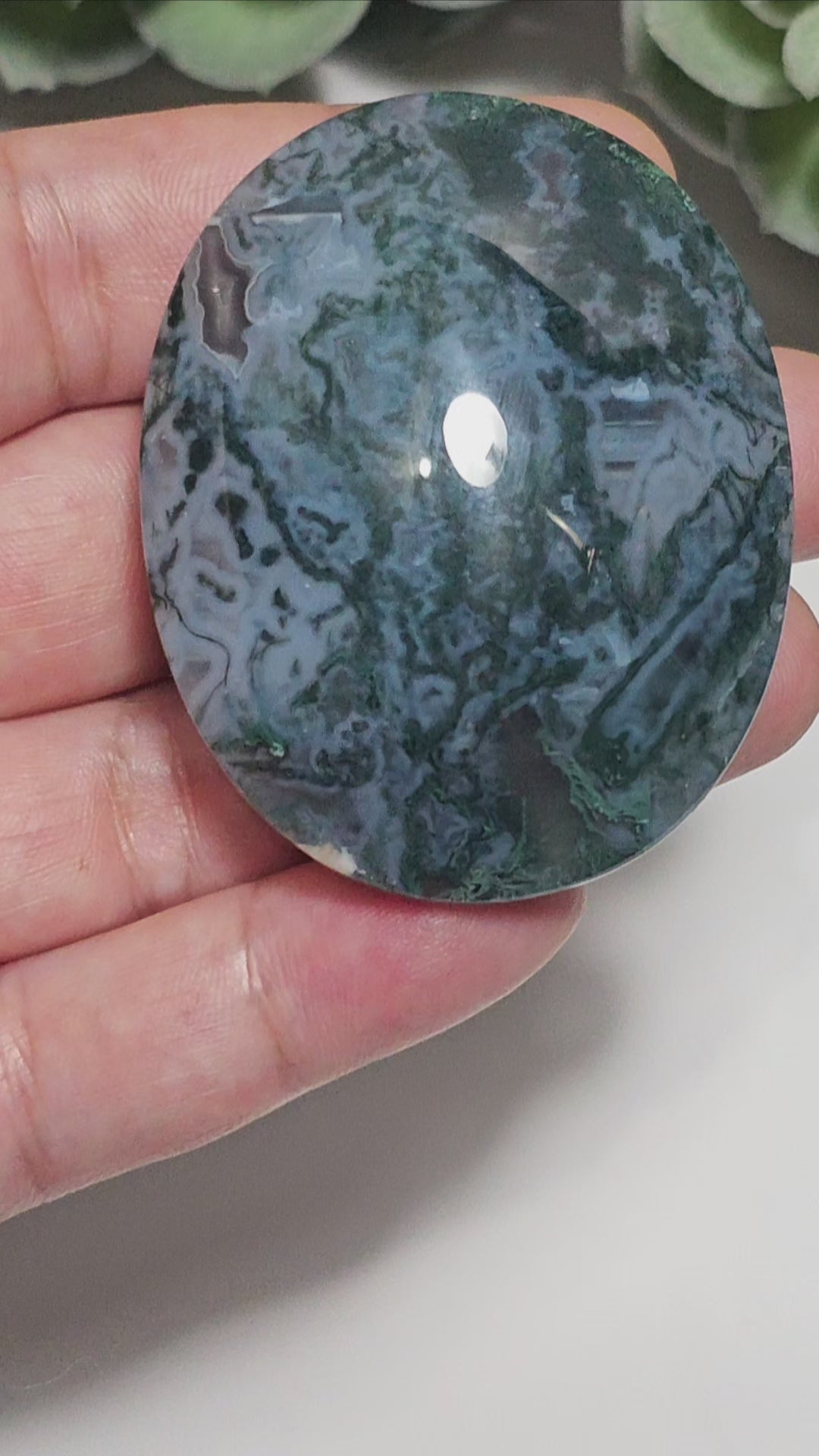 Artistically balanced Moss Agate and Chalcedony palm stone from Indonesia