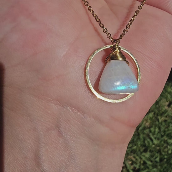 Rainbow Moonstone Gold Hoop Necklace