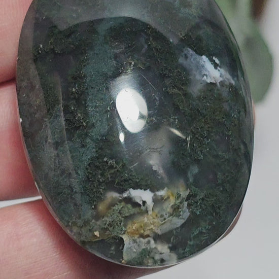 Beautiful forest green and earthy golden brown Moss Agate palm stone from Indonesia