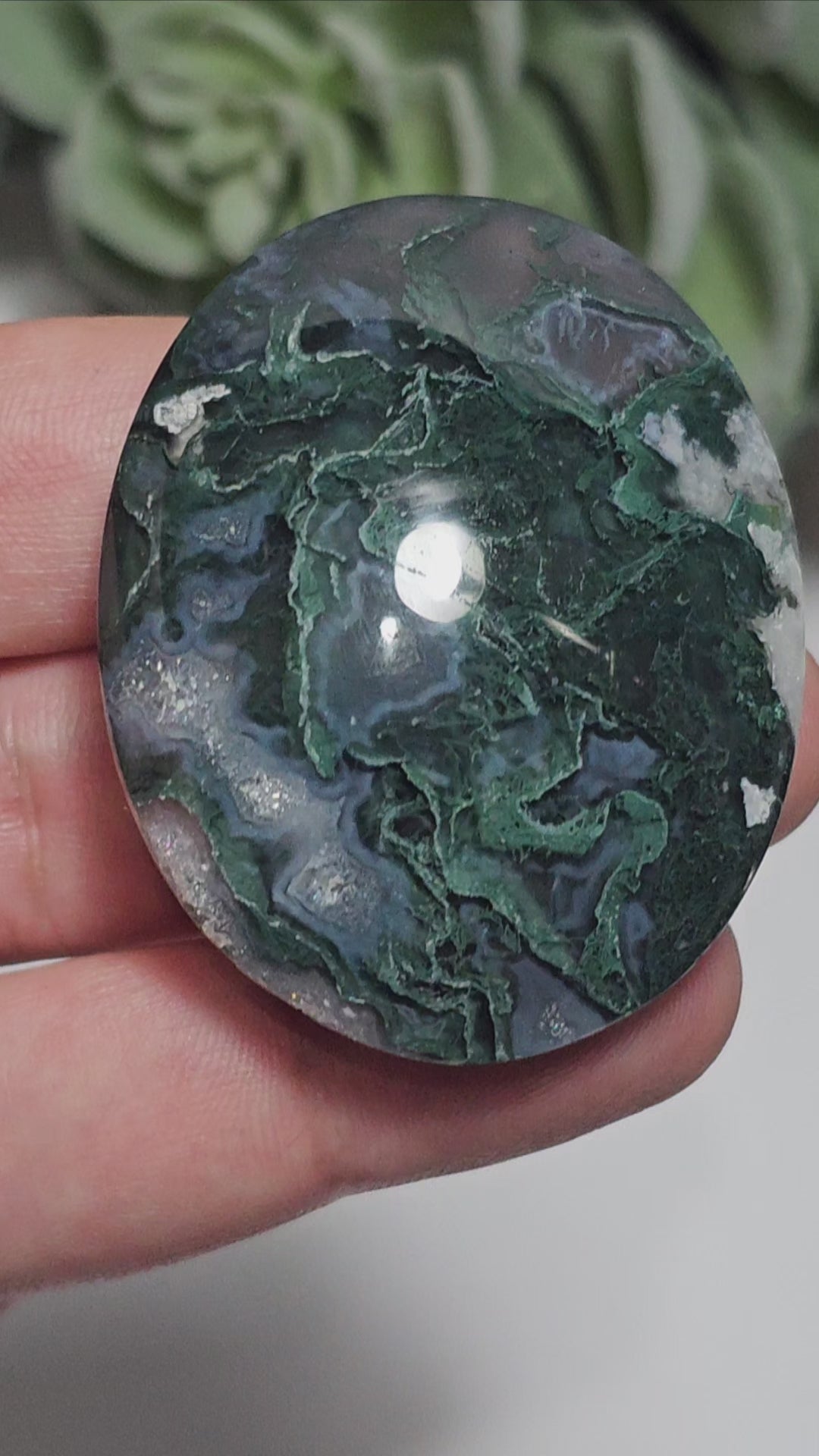 Petite Moss Agate palm stone from Indonesia