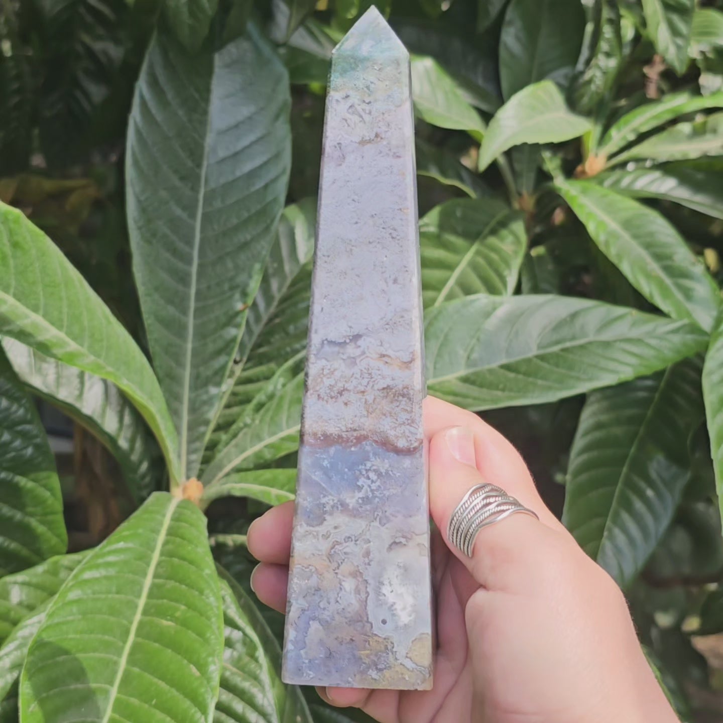 Beautiful tall purple Moss Agate obelisk with druzy and amazing details