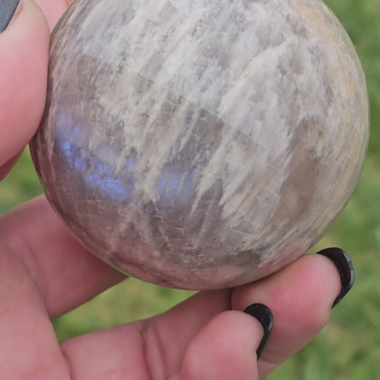 Gorgeous Rainbow Moonstone and Sunstone sphere with stunning blue flash.