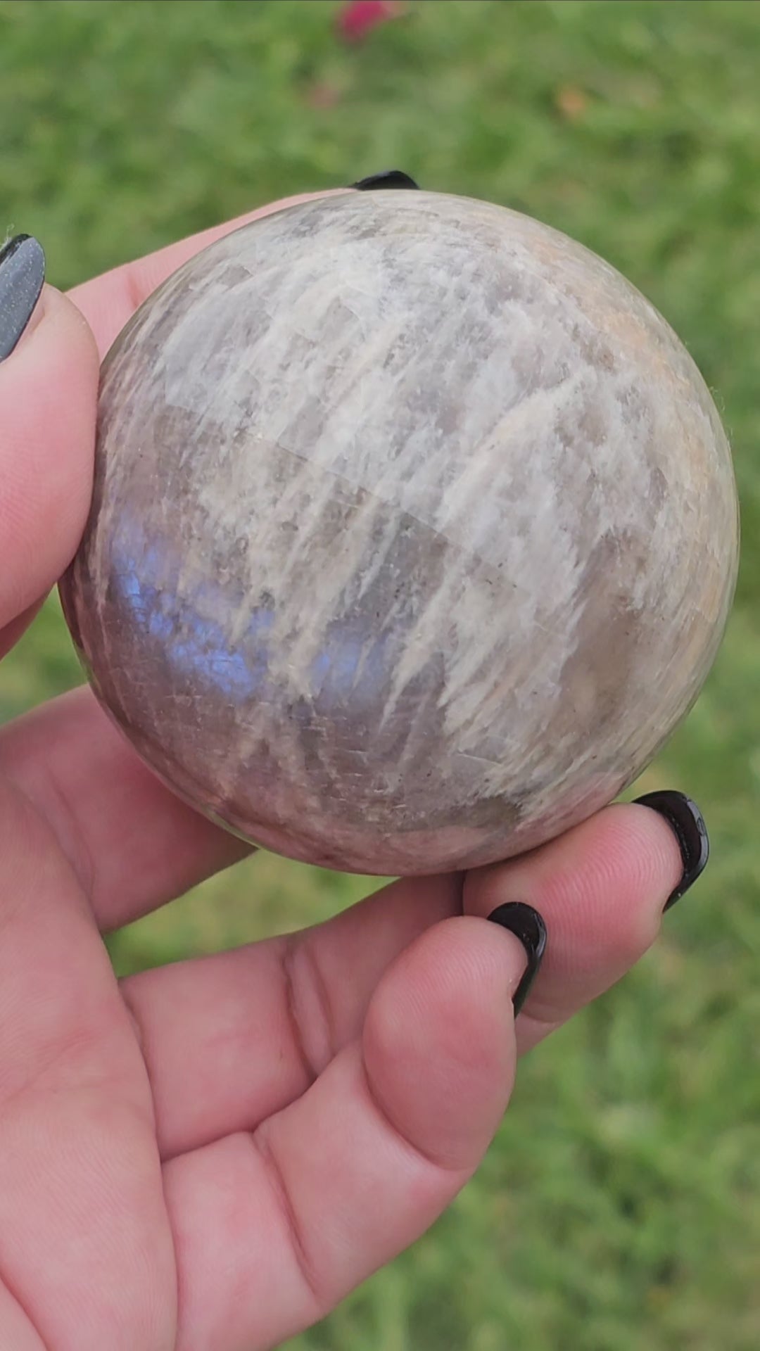 Gorgeous Rainbow Moonstone and Sunstone sphere with stunning blue flash.