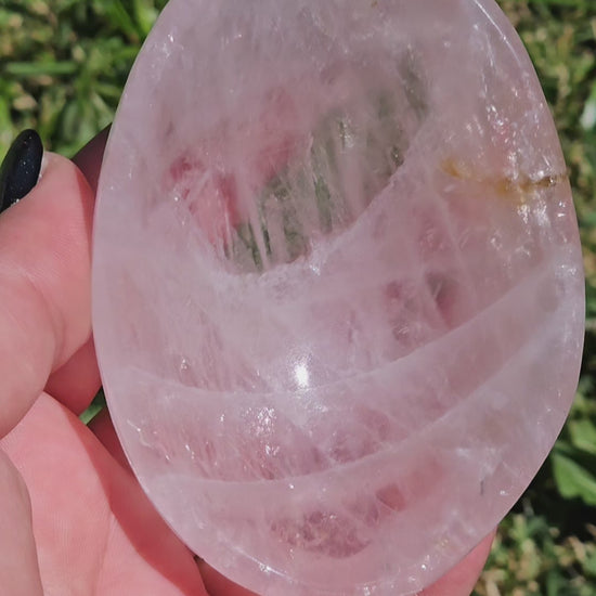 Gorgeous high quality translucent Rose Quartz dish with Iron inclusion.