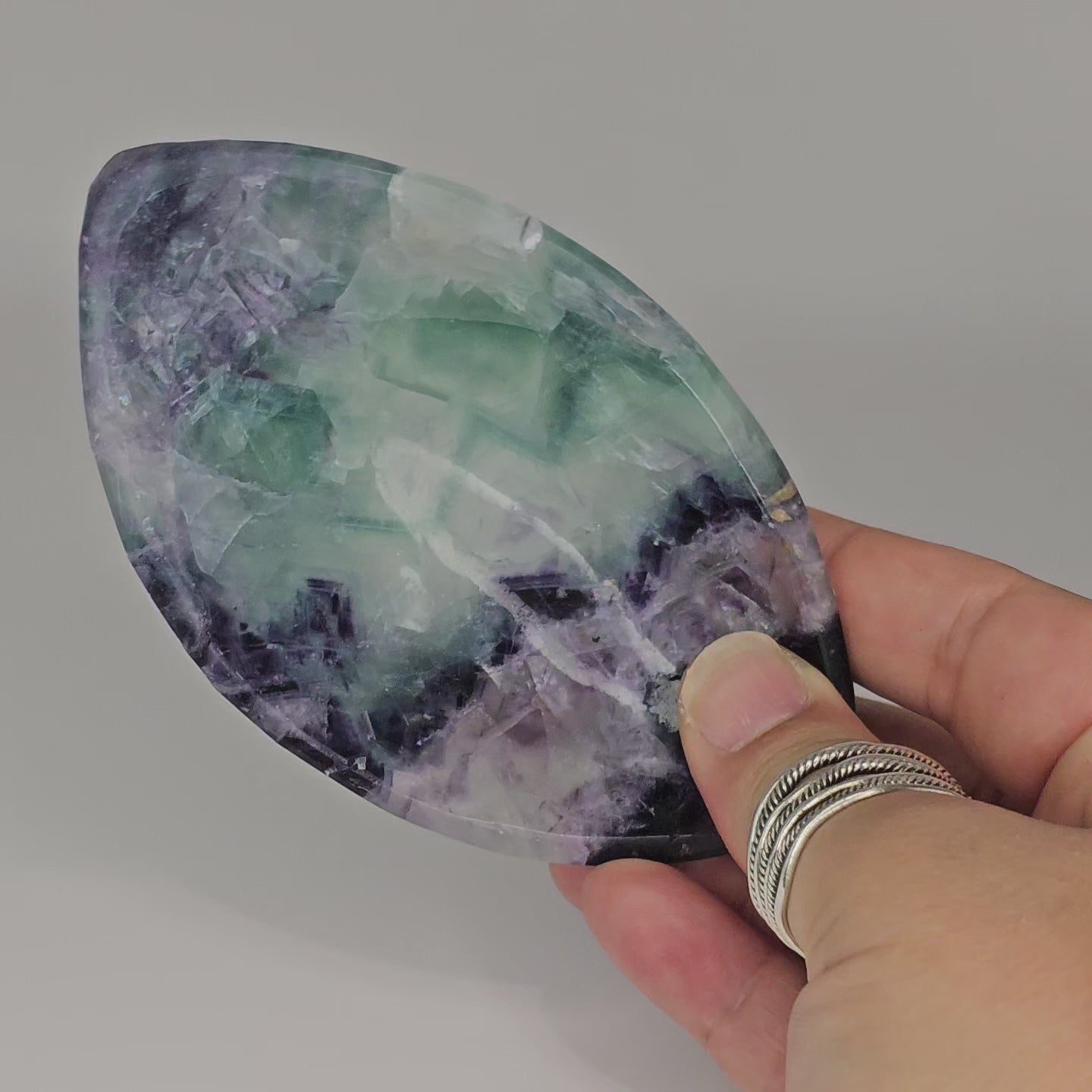 Beautiful Marquise shape Rainbow Fluorite trinket dish with rainbows.