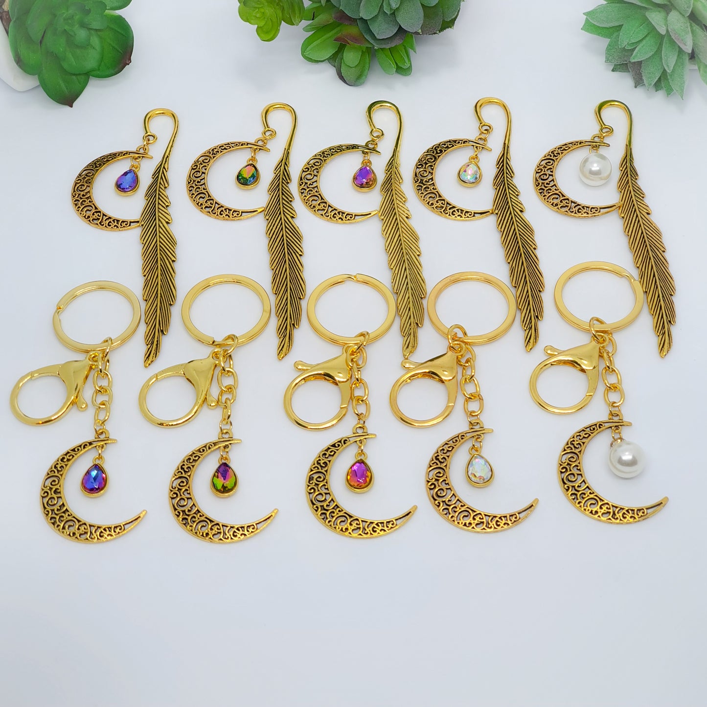 Gold Multi Coloured Crescent Leaf Bookmark and Keychain gift sets, end of year, teacher, student